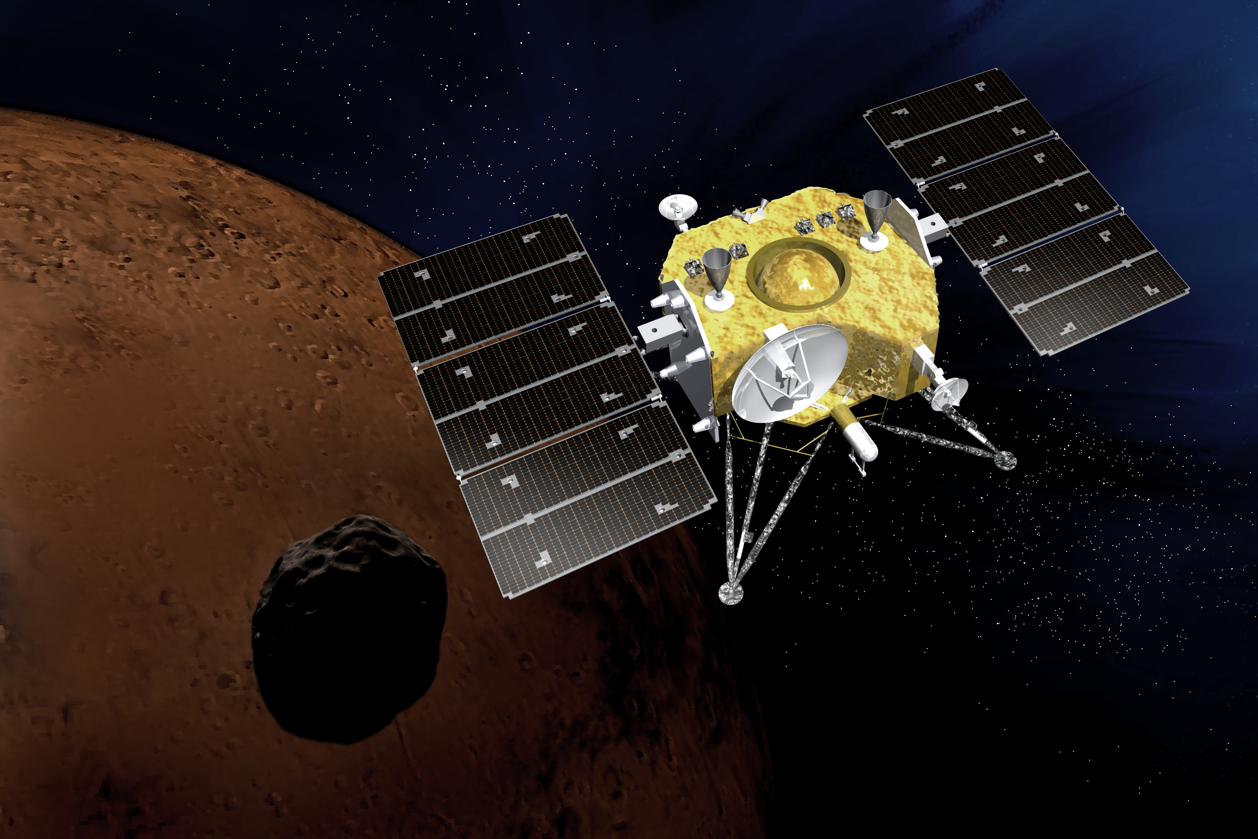 MMX spacecraft above Phobos and Mars/
