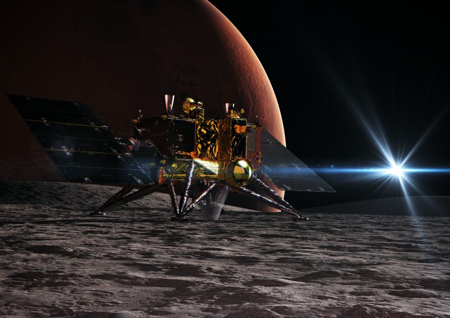 Illustration of the MMX spacecraft landed on Phobos with Mars in the background